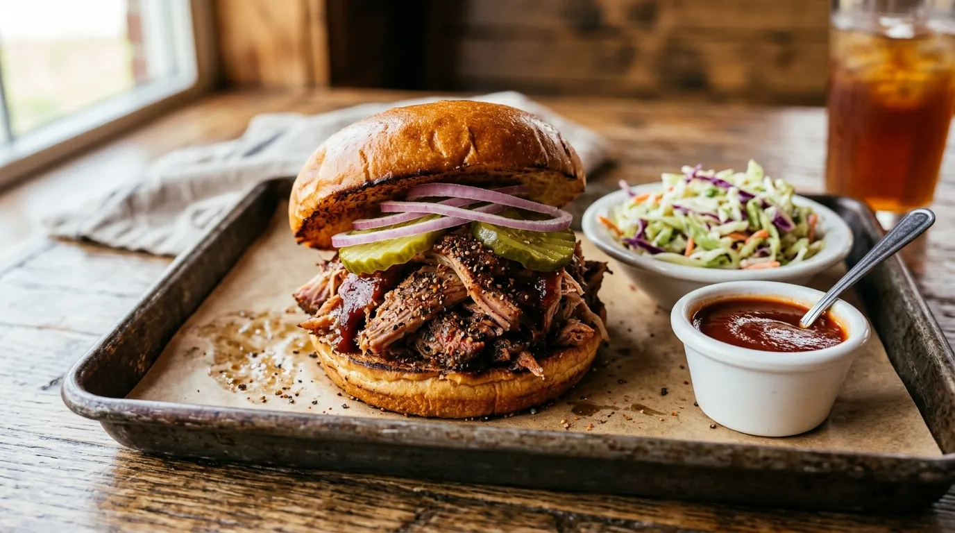 Texas pulled pork sandwich on a brioche bun with pickles, coleslaw and tangy sauce
