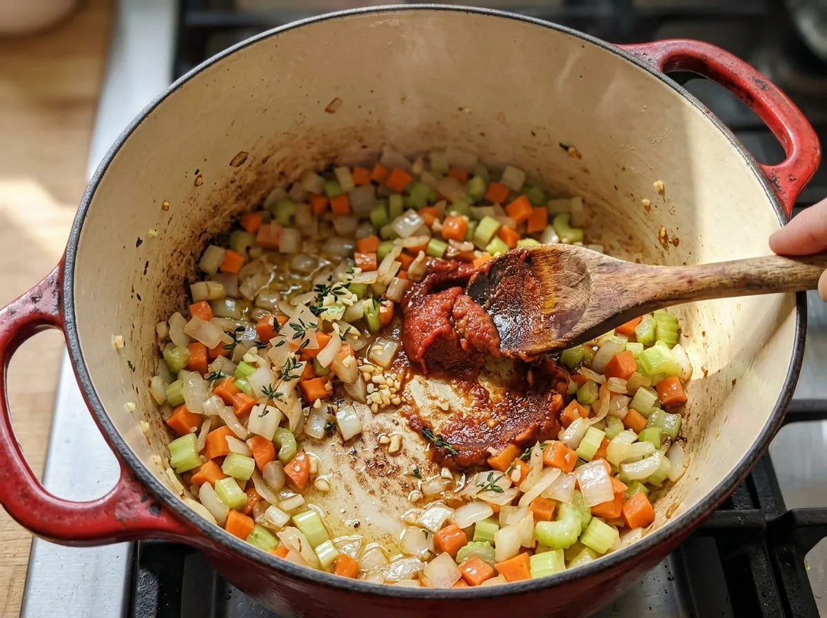 Onion, celery and carrots softening with tomato paste in a red Dutch oven for vegetable beef soup