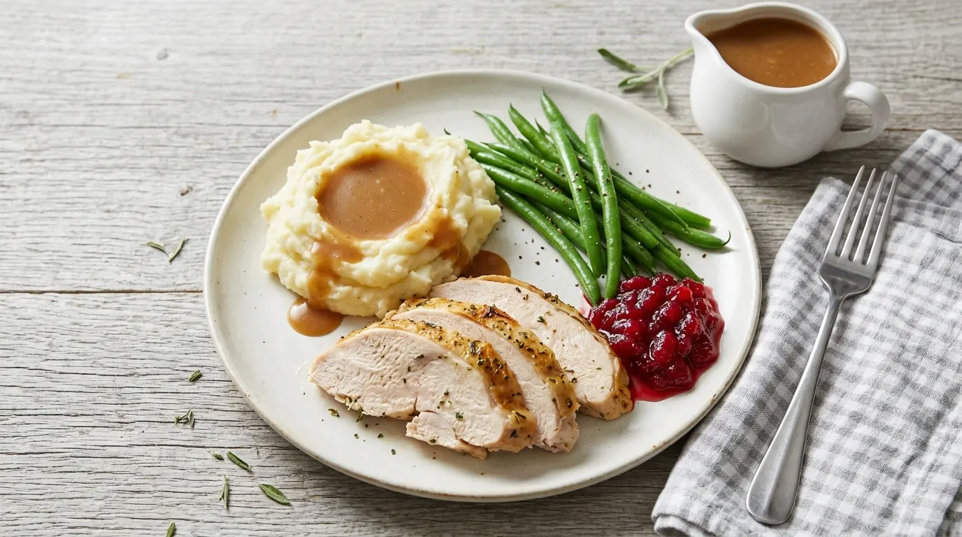 Thanksgiving plate with sliced turkey, mashed potatoes covered in turkey gravy, green beans and cranberry sauce
