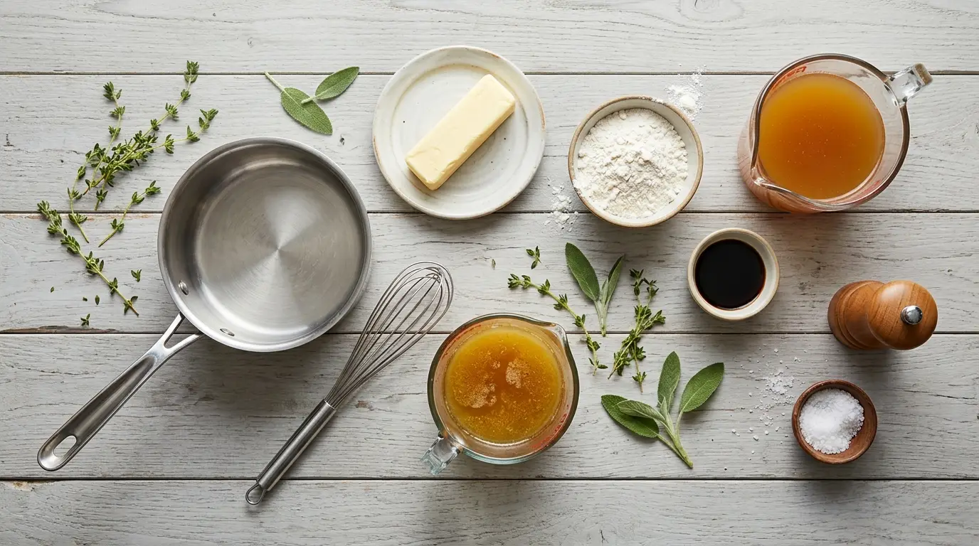 Turkey gravy ingredients: butter, flour, turkey drippings, broth, soy sauce, thyme, sage and a saucepan