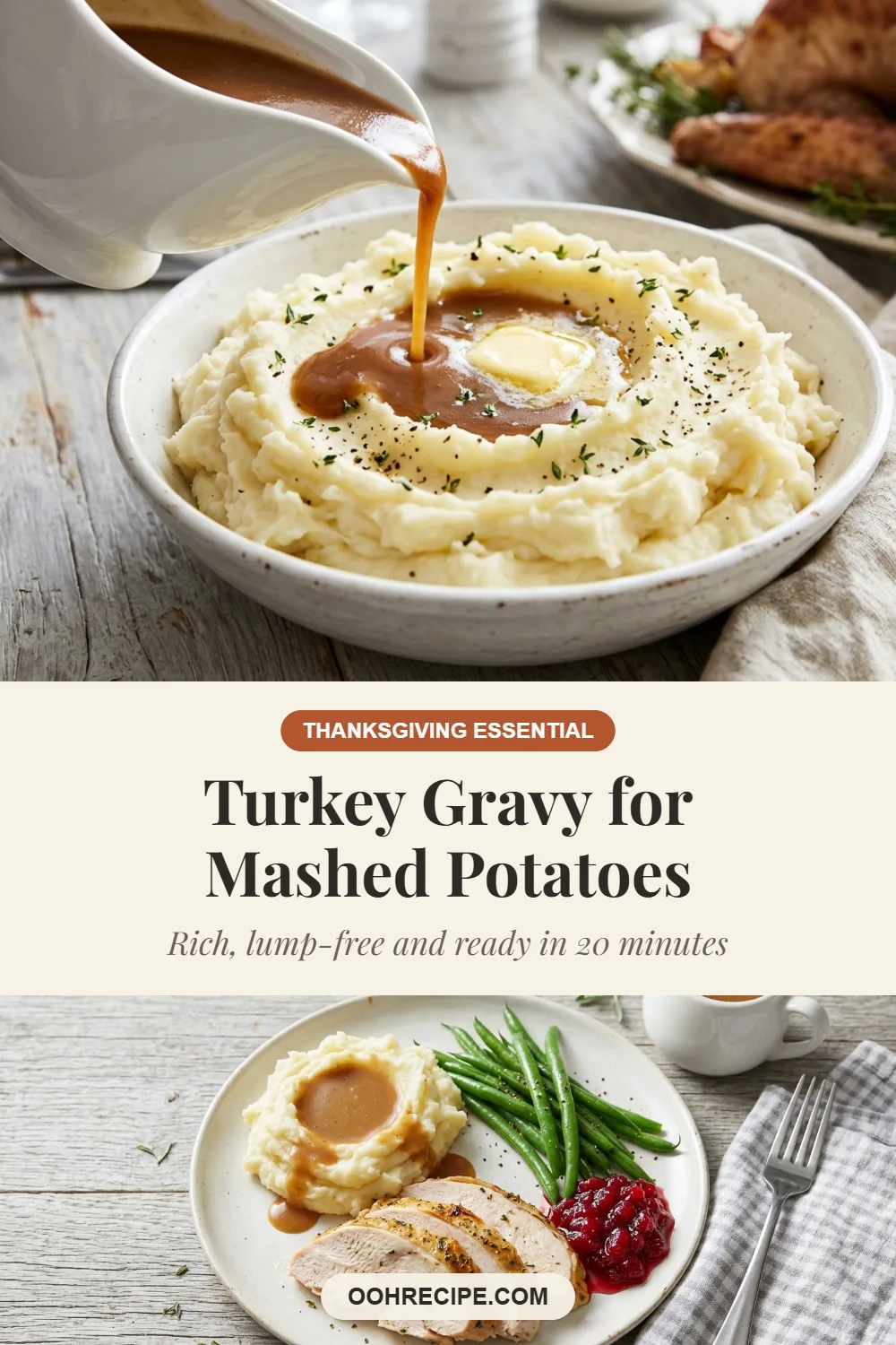 Turkey gravy pouring over mashed potatoes and a turkey dinner plate with a recipe title banner