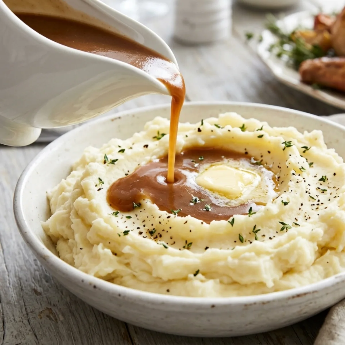 Smooth brown turkey gravy poured over creamy mashed potatoes in a white bowl