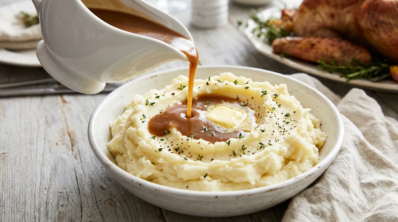 Turkey gravy for mashed potatoes pouring from a white gravy boat into a buttery mashed potato well