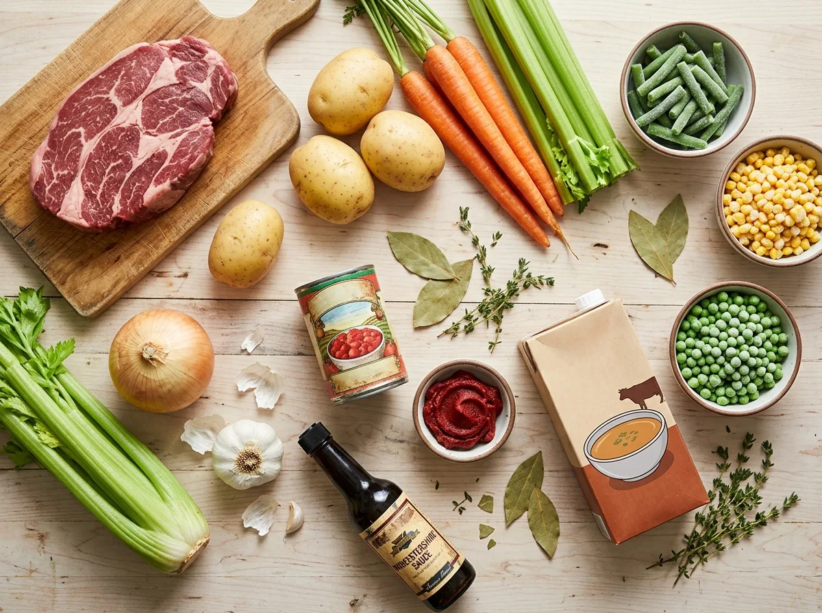 Ingredients for old fashioned vegetable beef soup: chuck roast, potatoes, carrots, celery, onion, tomatoes, broth and frozen vegetables