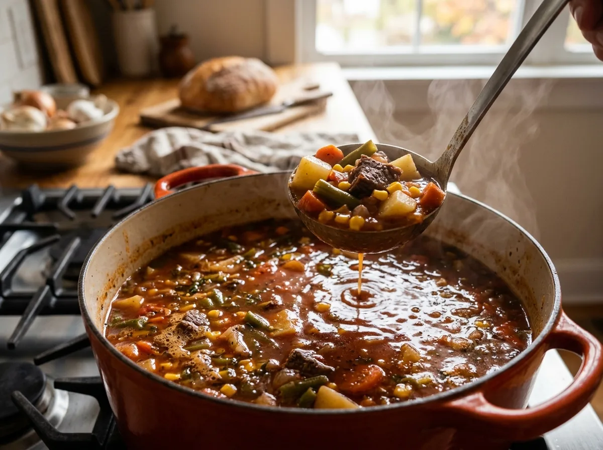 Ladle lifting beef, potatoes and vegetables from a pot of simmering vegetable beef soup in a red Dutch oven