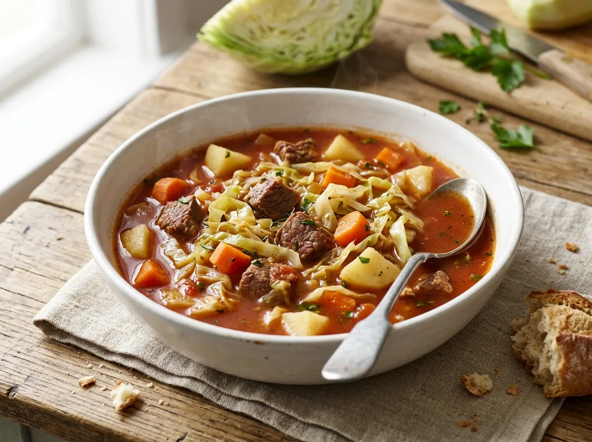 Bowl of vegetable beef soup with shredded cabbage, beef, carrots and potatoes in tomato broth