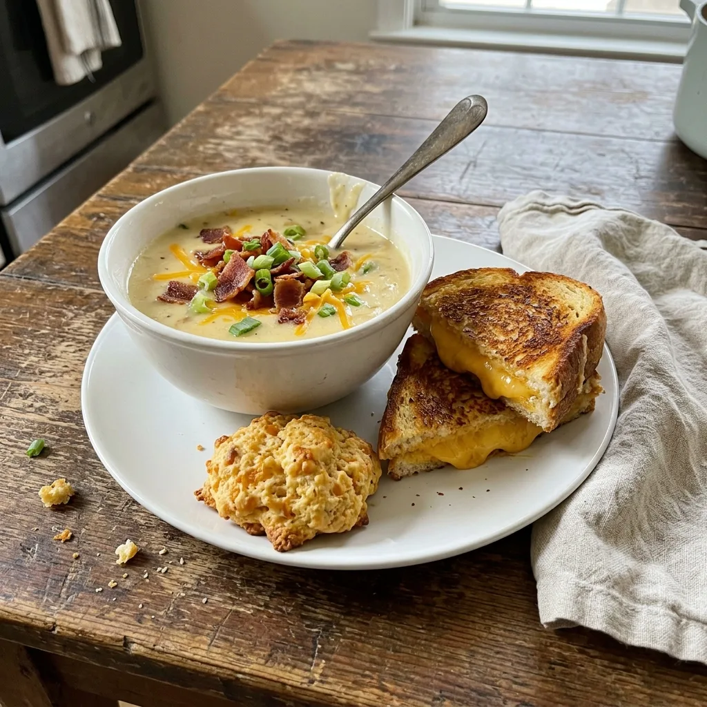 Bowl of loaded potato soup with grilled cheese and a cheddar biscuit on a white plate