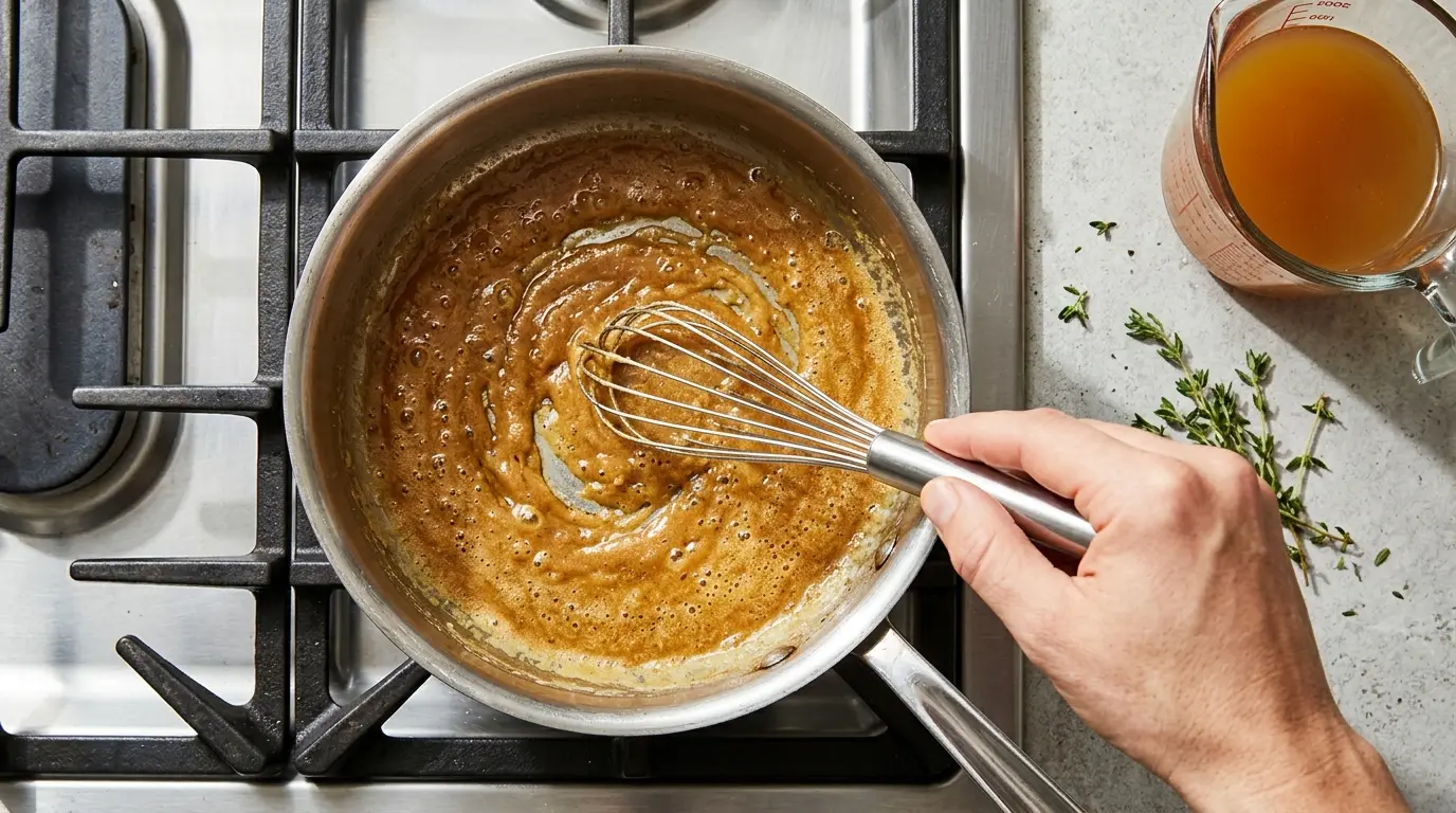 Hand whisking a golden butter and flour roux in a saucepan for easy turkey gravy