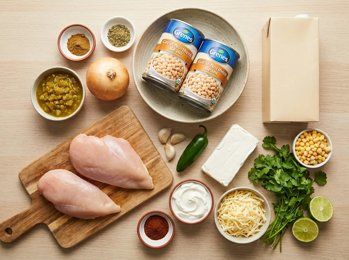Ingredients for white chicken chili: chicken breasts, great northern beans, green chiles, onion, garlic, cream cheese, sour cream, Monterey Jack, corn, cilantro, lime and spices