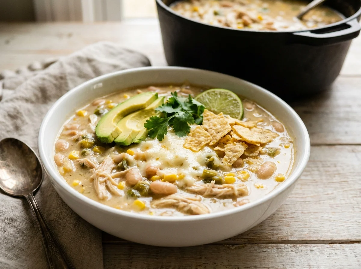 Creamy white chicken chili in a white bowl topped with avocado, Monterey Jack, cilantro, lime and tortilla chips