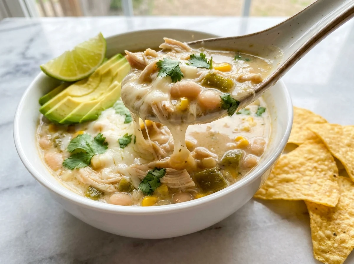 Spoonful of white chicken chili with cream cheese, shredded chicken, white beans, corn and melted cheese